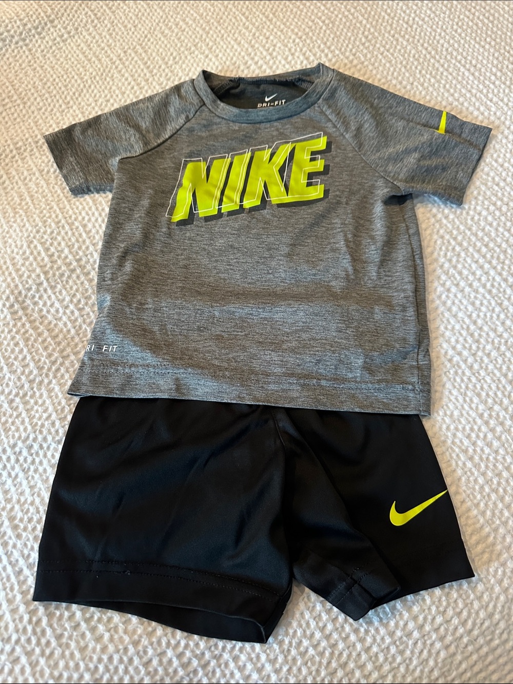 Nike Grey and Neon Yellow Kids' Athletic Shirt & Black Shorts Set